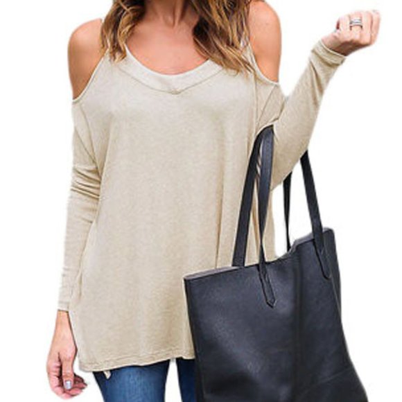 LAST 1! Long Sleeve Relaxed Fit Cold Shoulder Top - Picture 2 of 4